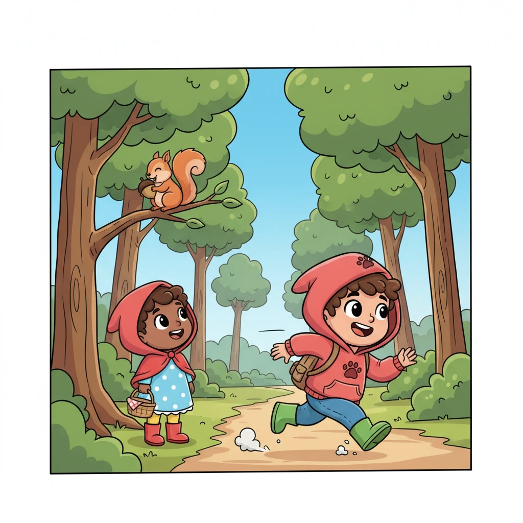 Zeca, quick as a flash, dashed ahead through the trees, leaving Zoezinha happily observing a busy squirrel. He knew exactly where Grandma's charming little house was hidden. Zeca couldn't wait to start his special game!