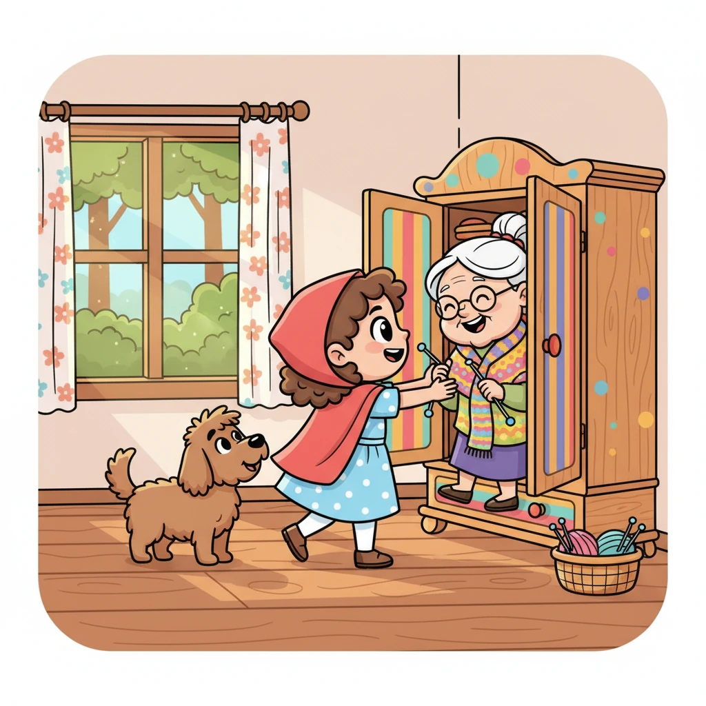 Arriving at Grandma's house, Zeca found her knitting by the window. With a friendly wag of his tail, he explained his fun idea and gently helped Grandma hide inside her colorful wardrobe. Grandma giggled, thinking it was a delightful game.