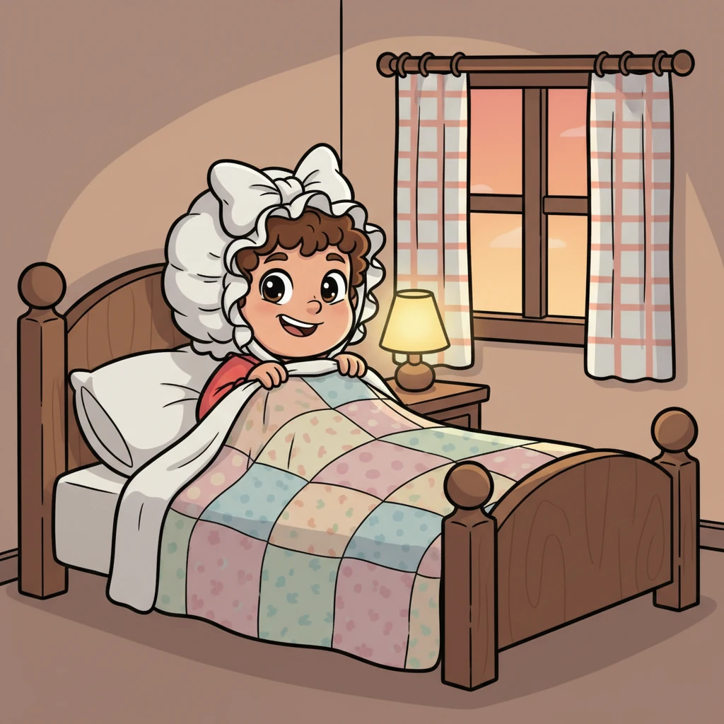 After safely tucking Grandma away, Zeca quickly hopped into her cozy bed, pulling the blankets up high. He put on a silly bonnet, ready to surprise Zoezinha with his clever disguise. He looked quite comical, peeking out from under the covers!