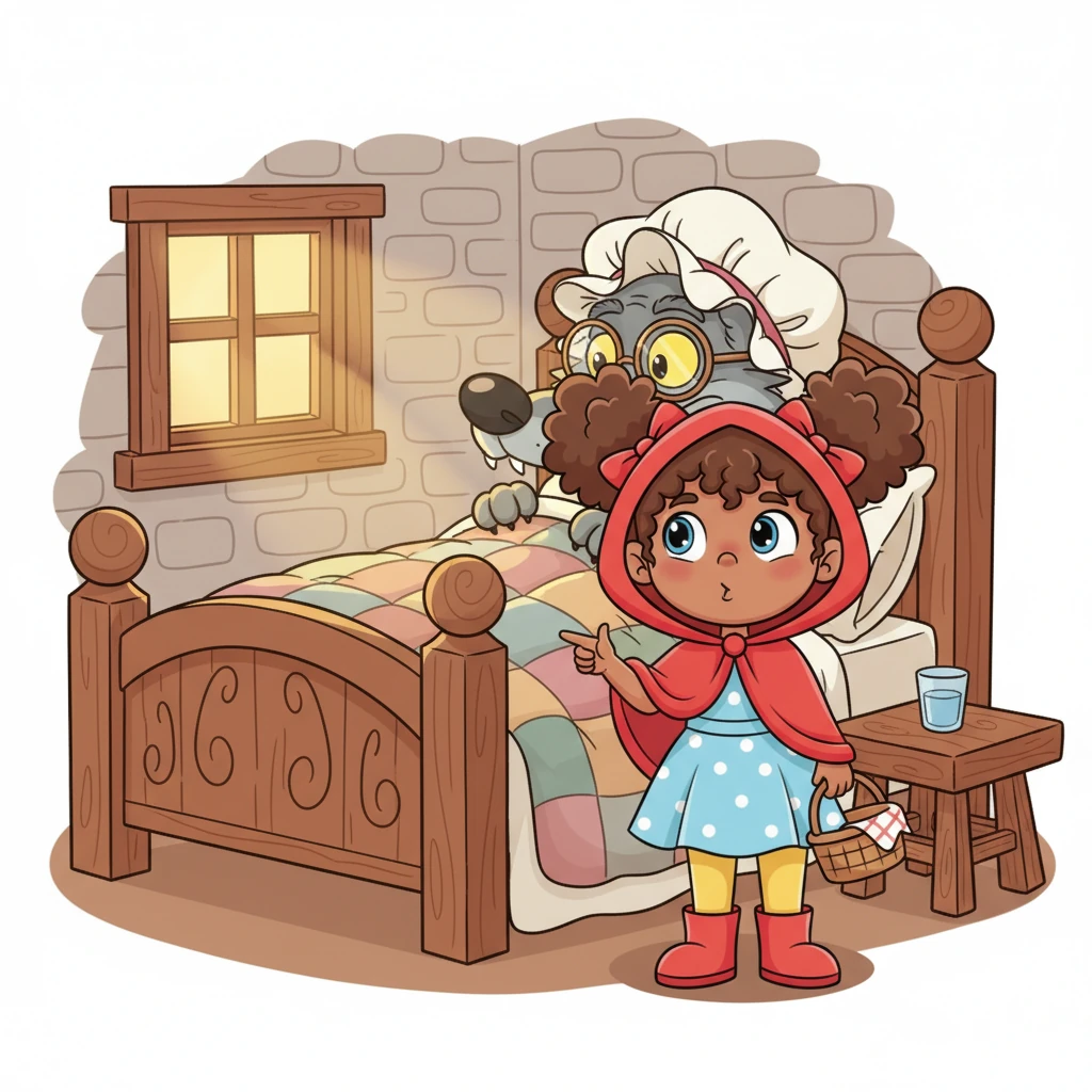 Soon, Zoezinha arrived, tapping gently on the door. She found 'Grandma' in bed, but something seemed a little different. With a curious tilt of her head, Zoezinha began to ask, "Oh, Grandma, what big eyes you have!"