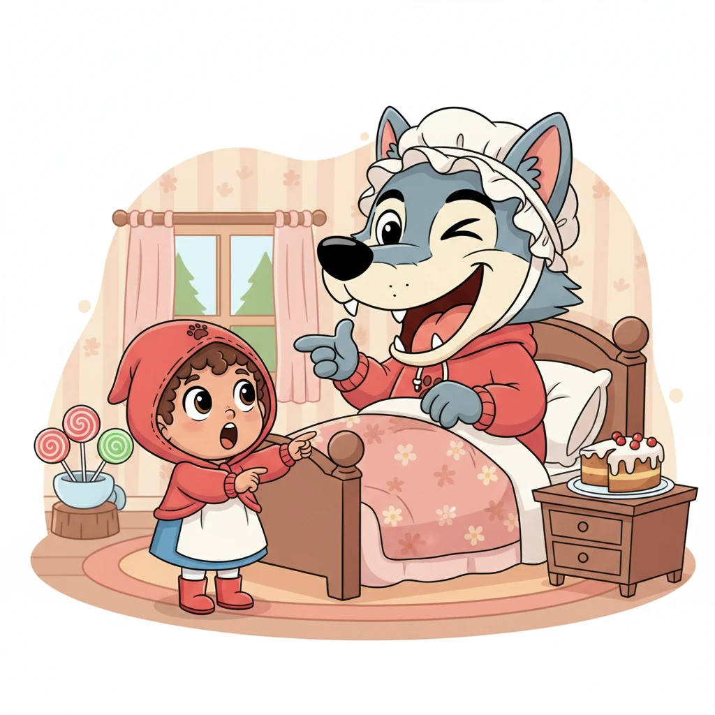 Zoezinha continued, "And Grandma, what big ears you have! And what a big mouth you have!" Zeca, with a playful twinkle in his eye, replied with a boisterous laugh, "My big mouth is for eating all of Grandma's yummy sweets, not you, little Zoezinha!"