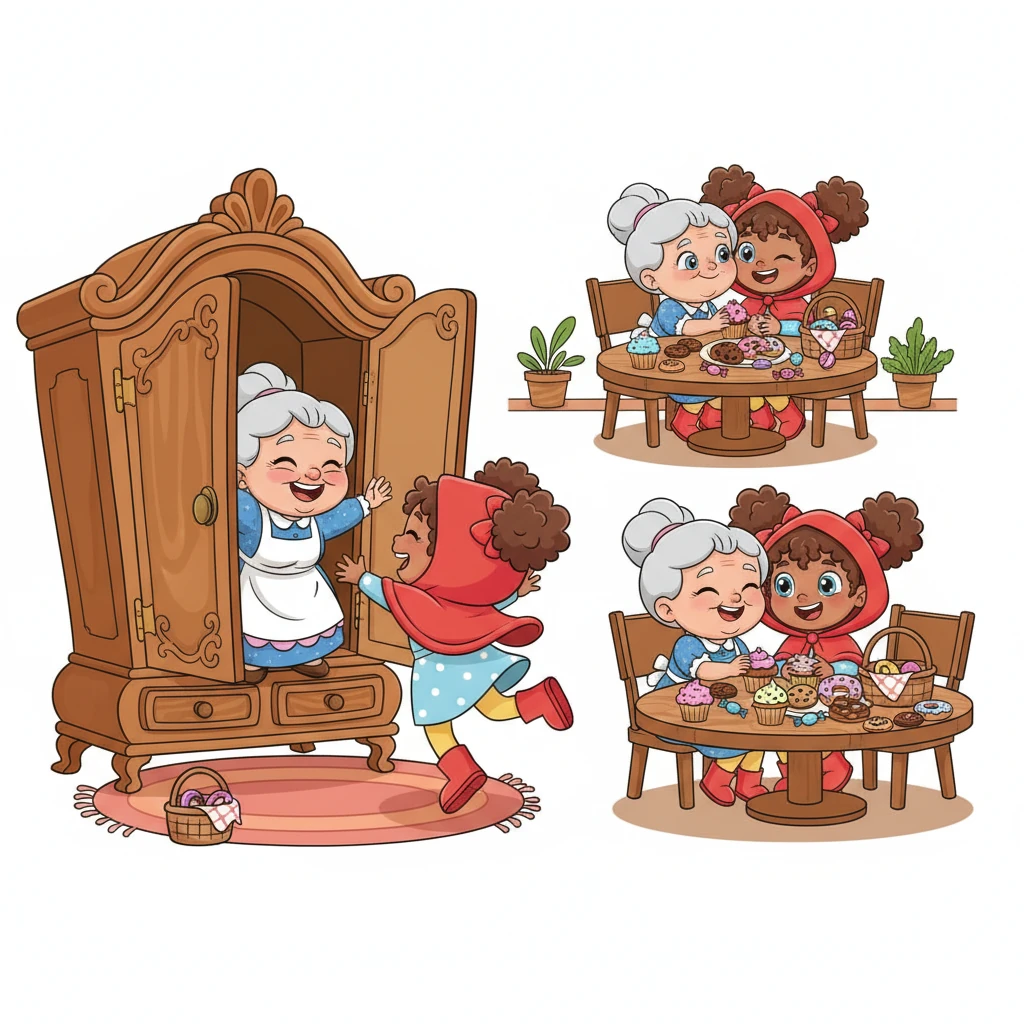 Zoezinha rushed back to Grandma's house, opening the wardrobe to reveal a laughing Grandma. They shared a warm, loving hug, then sat down at the table, overflowing with the delicious sweets from Zoezinha's basket. They laughed, chatted, and enjoyed their delightful treats, celebrating their sweet reunion.