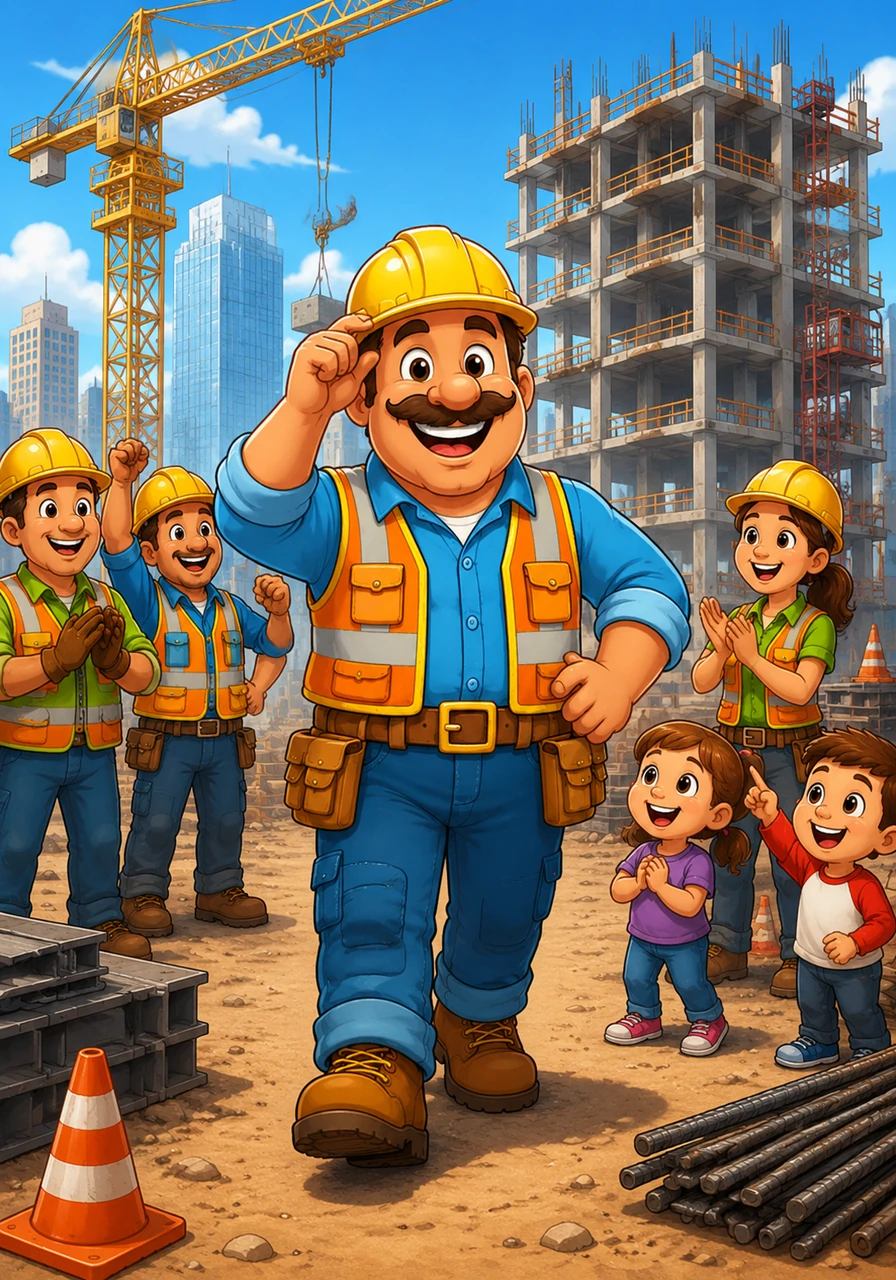 Foreman Fred arrived at the site with a big grin and a shiny yellow hard hat. He was ready to build the tallest, sturdiest skyscraper in the whole city.