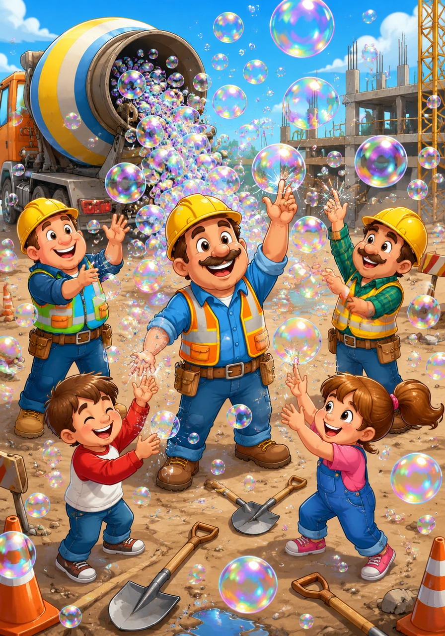 Oops! The cement mixer didn't pour out gray sludge; it started blowing millions of shimmering, rainbow bubbles. The workers dropped their shovels and began to pop the floating suds with glee.