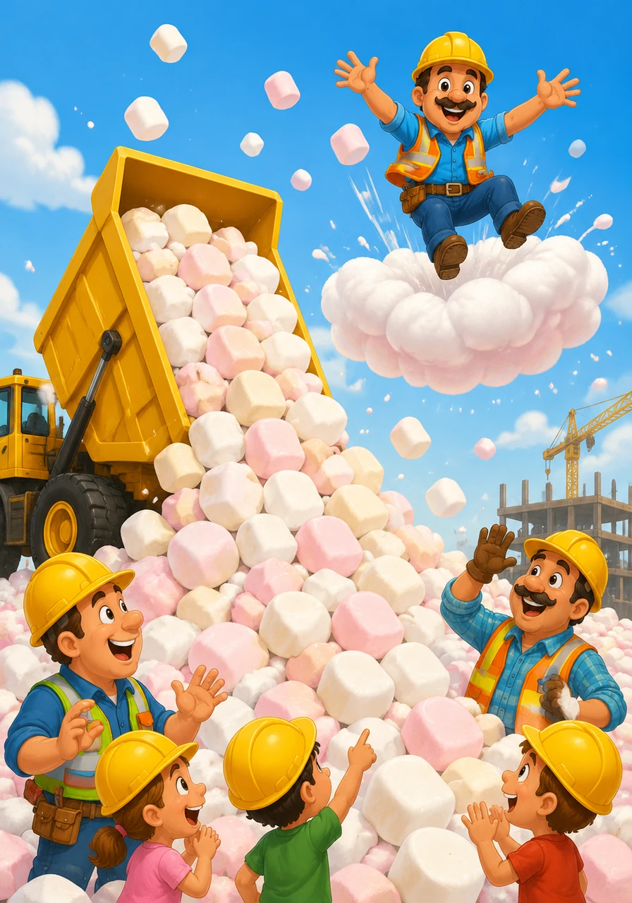 A giant truck tipped its bed, but instead of heavy rocks, out tumbled thousands of soft, giant marshmallows. Foreman Fred bounced high into the air, landing on a fluffy, sugary cloud.