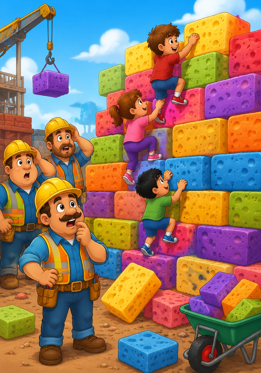 The bricklayers were confused when their heavy bricks turned into bright, squishy sponges. They stacked them high to make a wobbly climbing wall that was perfect for tiny hands to scale.