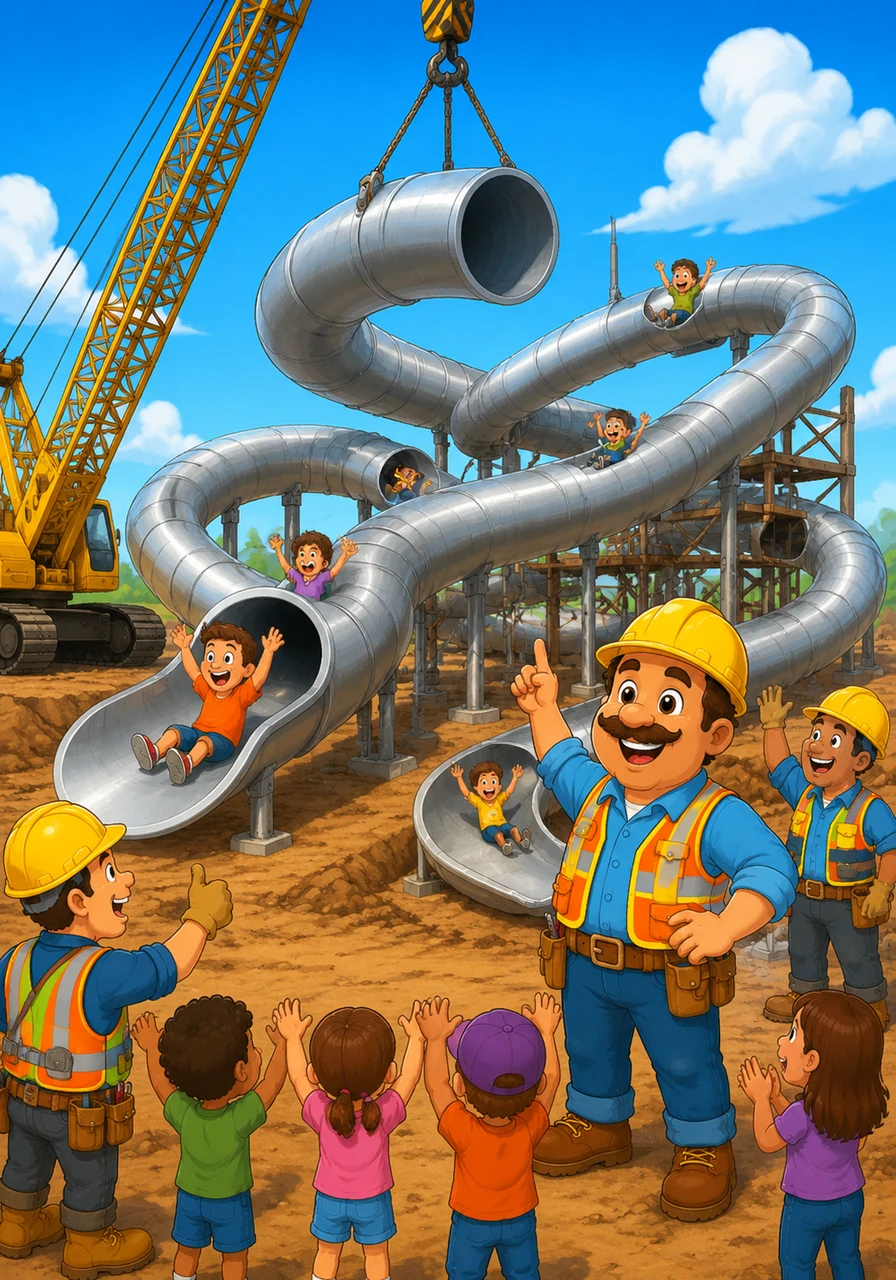A massive crane lowered long, winding pipes that twisted and turned like giant metal snakes. Instead of carrying water, they became the longest, fastest slides anyone had ever seen.
