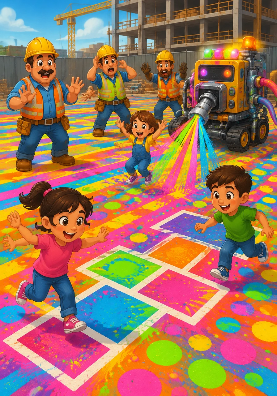 The automatic painting machine went wild, spraying neon stripes and polka dots all over the ground. Suddenly, the dusty floor was covered in magical paths and giant games of hopscotch.