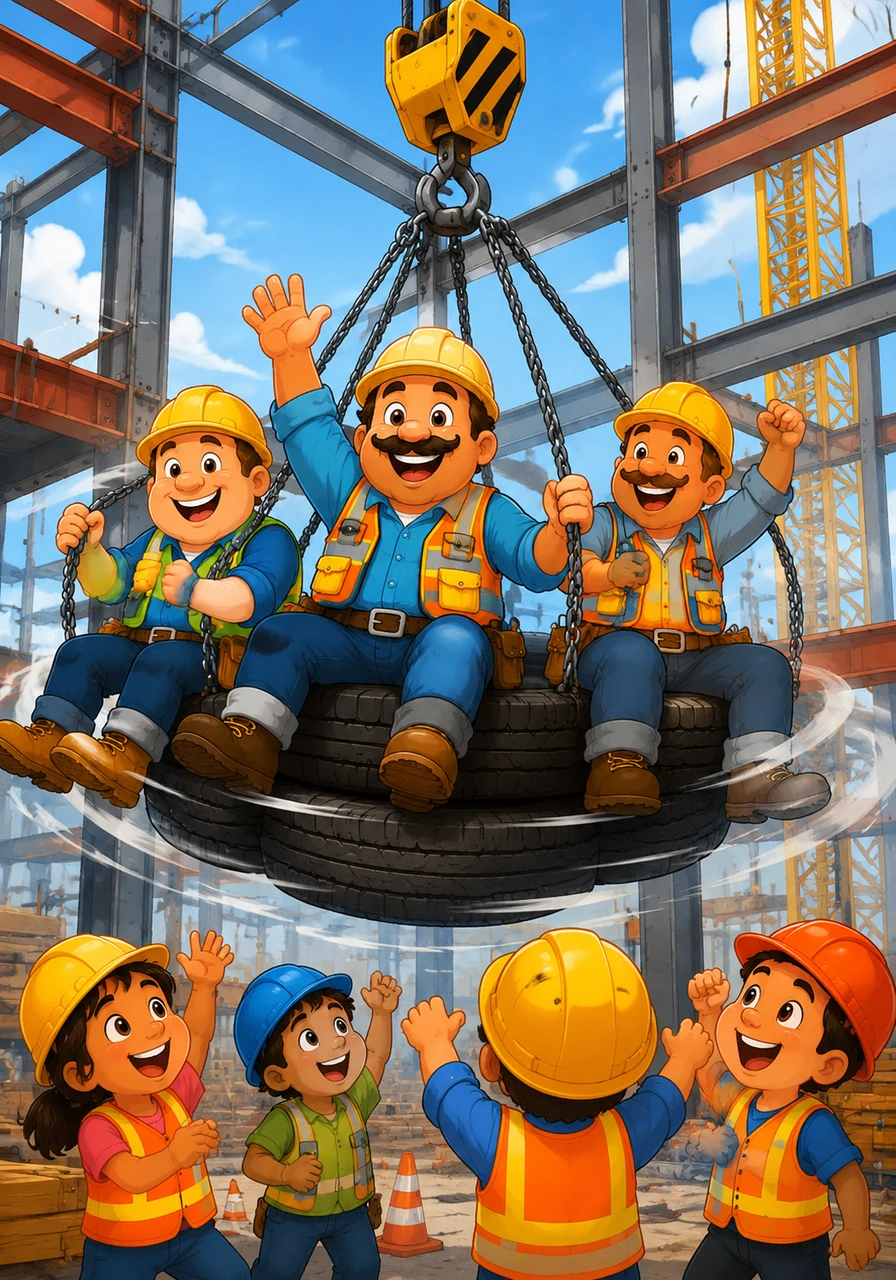 A crane picked up a set of tires, but they began to spin around and around like a dizzy carousel. The workers hopped on for a ride, their laughter echoing through the steel beams.