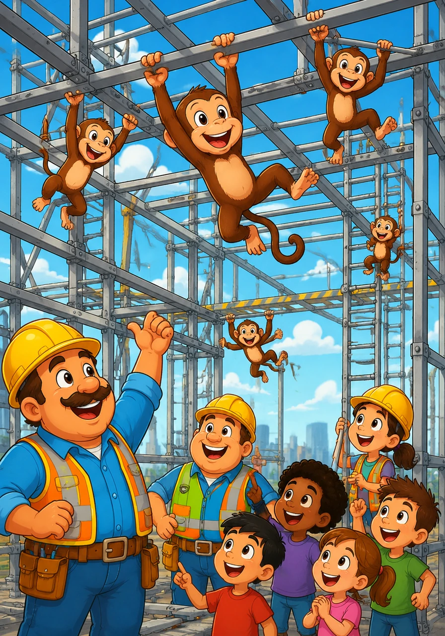 High above, the metal scaffolding became a jungle of bars and ladders. A group of friendly monkeys swung from the beams, showing everyone how to play on the world's tallest monkey bars.