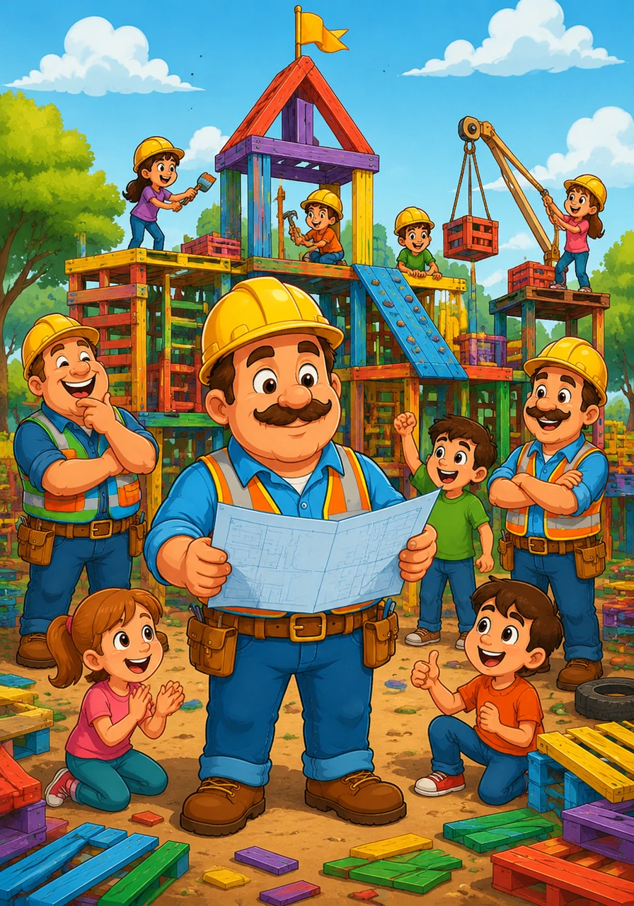 Foreman Fred looked at his blueprint and then at the colorful chaos around him. He realized that while they didn't build a skyscraper, they had built something much more special.