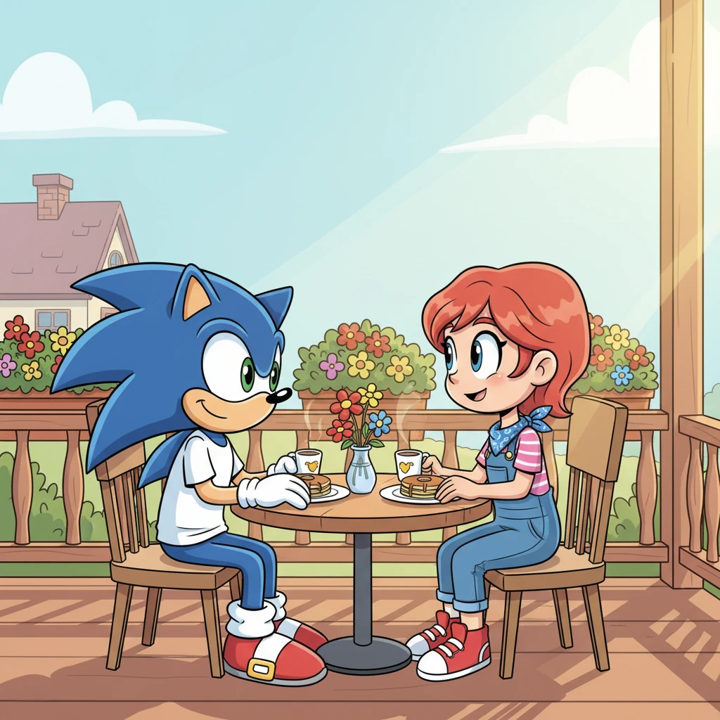 Sonic and Ruby enjoyed a peaceful, sun-drenched breakfast on their cozy new porch. They exchanged loving smiles, savoring the quiet joy of their first married morning together, surrounded by bright flowers.