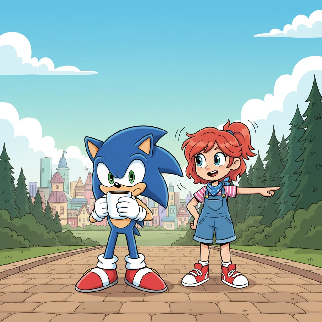 As Sonic sipped his coffee, his keen ears twitched. A faint, unsettling rustle whispered from the distant forest bordering the vibrant city, a subtle hint of something amiss.