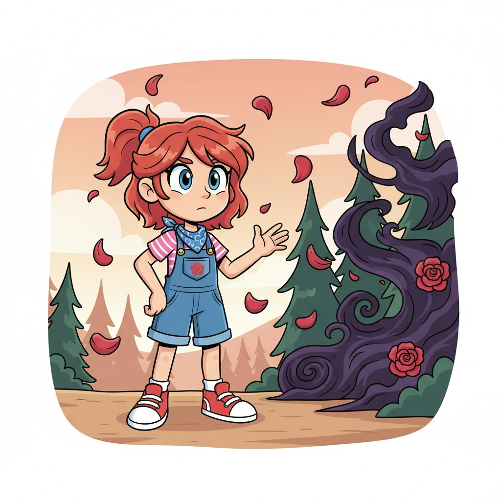 Ruby's sharp eyes caught sight of dark, swirling shadows beginning to form at the forest's edge. A few crimson rose petals, her emblem, gently swirled around her, mirroring the brewing tension.