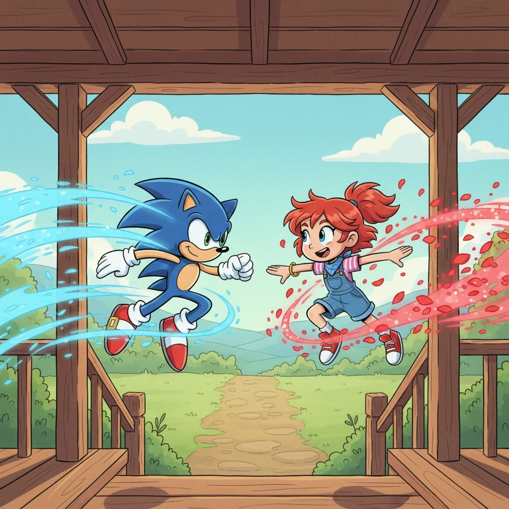 With a shared glance of determined readiness, Sonic and Ruby sprang into action. A brilliant blur of blue speed and a dazzling trail of red petals streaked away from their porch, eager to meet the challenge.