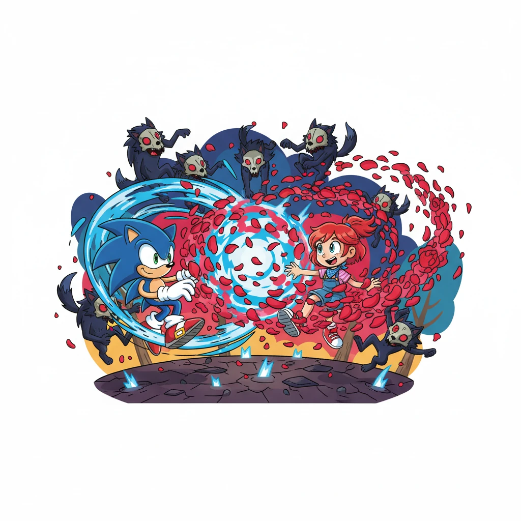 With an explosive KRA-BOOM!, Sonic and Ruby executed their first spectacular combined attack. Blue chaos energy merged with a whirlwind of red petals, sending the surprised Grimm scattering in every direction.
