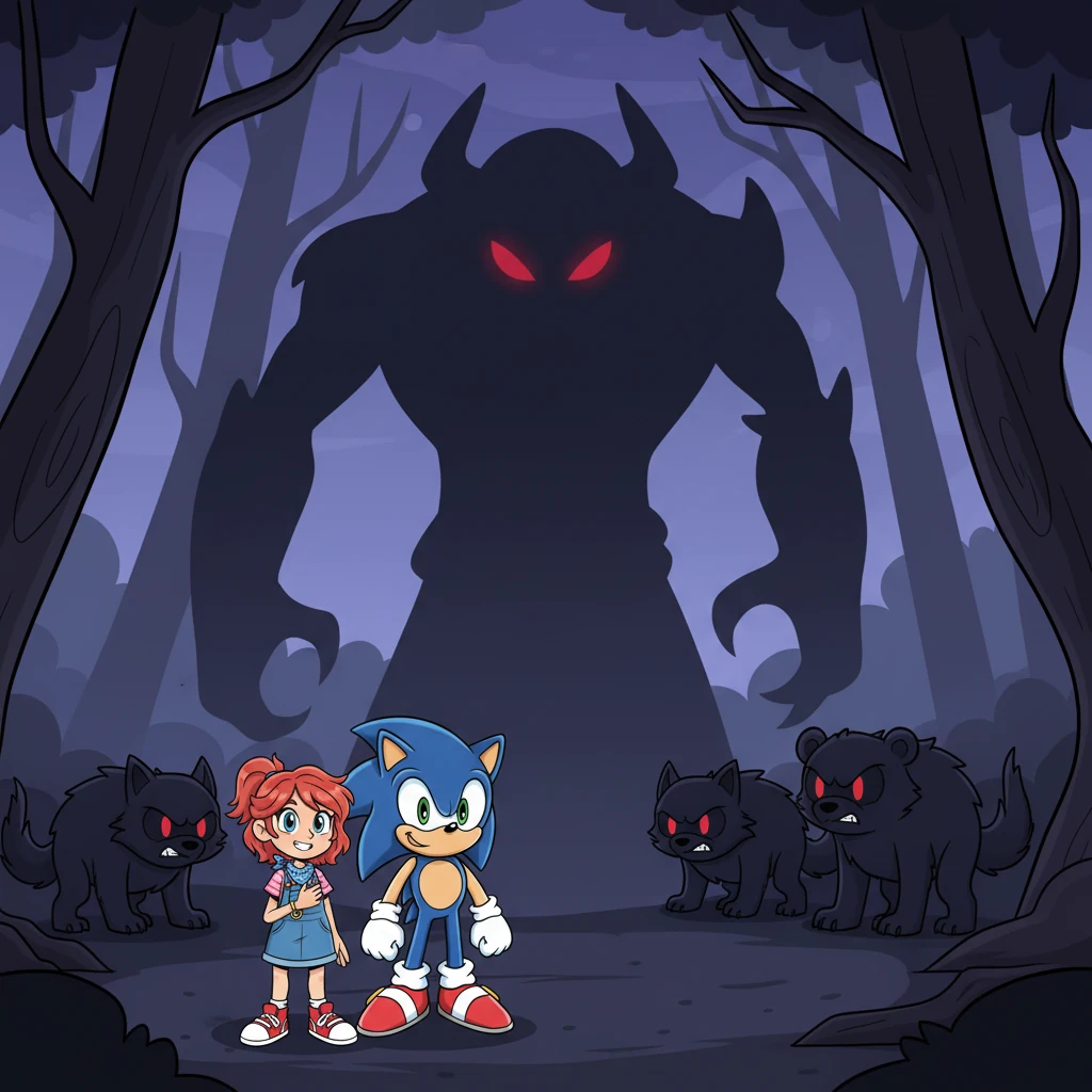 The remaining Grimm creatures regrouped, their growls intensifying as a much larger, more menacing shadowy commander emerged from the forest's depths, its eyes glowing with dark, malevolent intent.