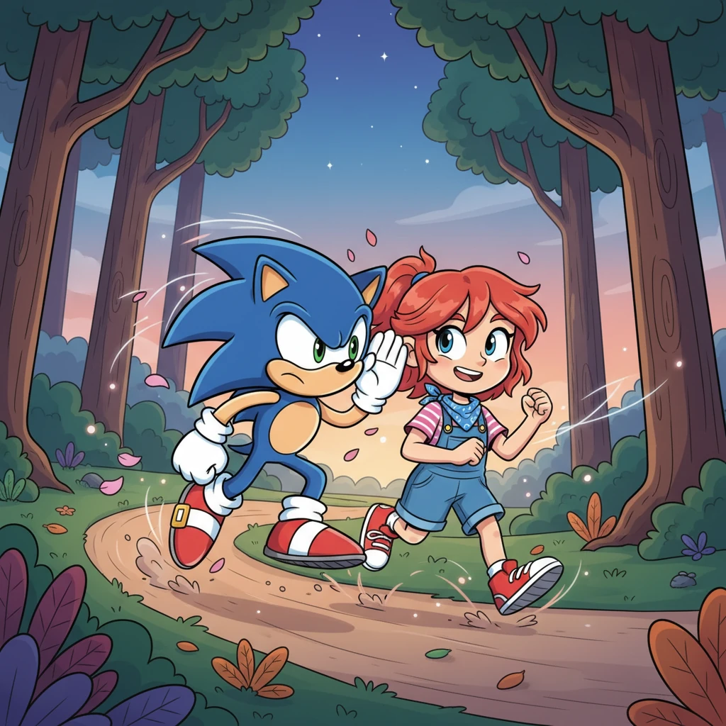 Sonic and Ruby gave chase, a blur of speed and petals, weaving through the twilight forest trails. Sonic, ever the quick thinker, whispered a swift plan to Ruby, who nodded with a determined, confident smile.