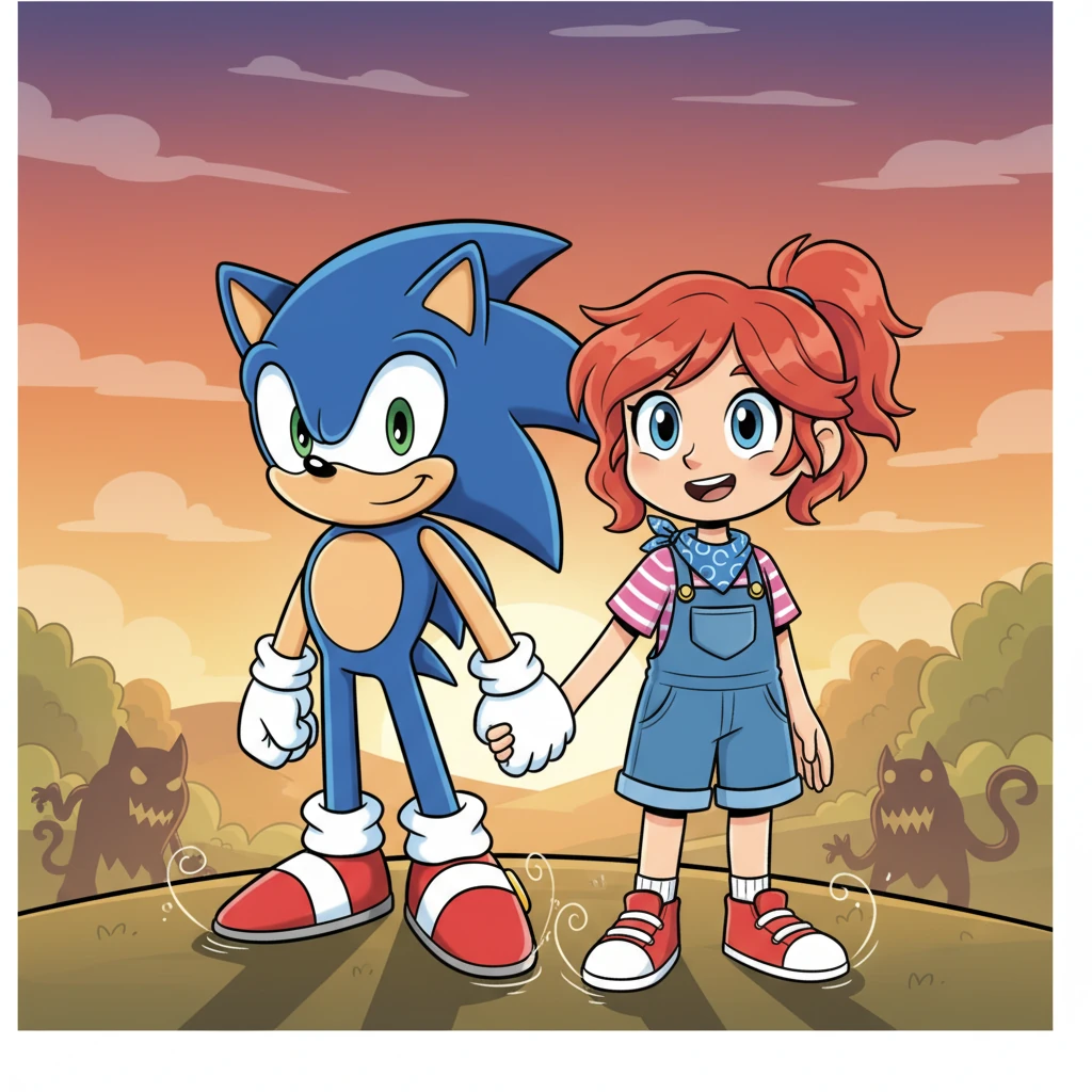 After a dazzling display of combined strategy and power, the shadow commander was defeated, and the remaining Grimm retreated into the fading light. Sonic and Ruby landed gracefully, slightly out of breath but triumphant, holding hands as the sun set, painting the sky in glorious, victorious hues.