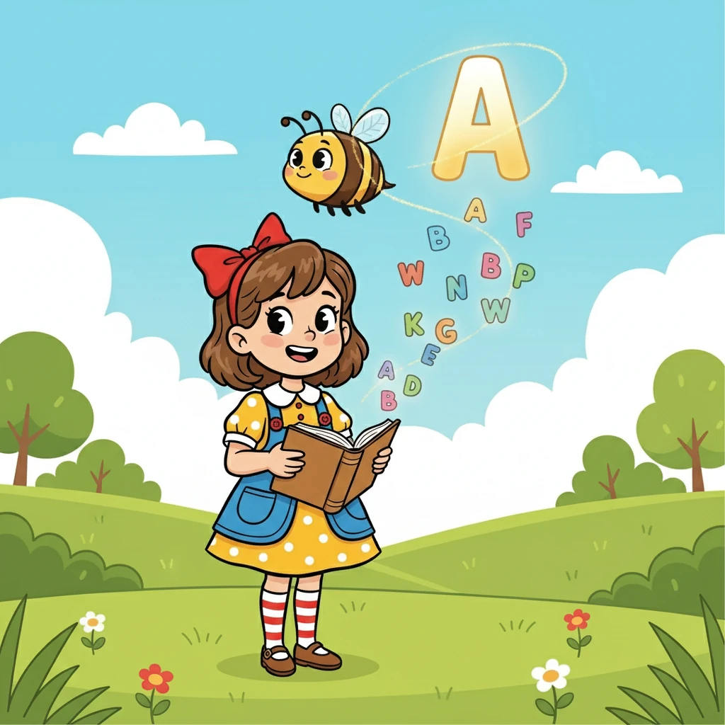 A primeira letra a aparecer foi o 'A', uma abelhinha amigável que adorava a palavra 'abelha'. Ela zumbia alegremente, voando ao redor de Lili. A abelhinha explicou que cada letra tinha uma palavra especial para compartilhar.