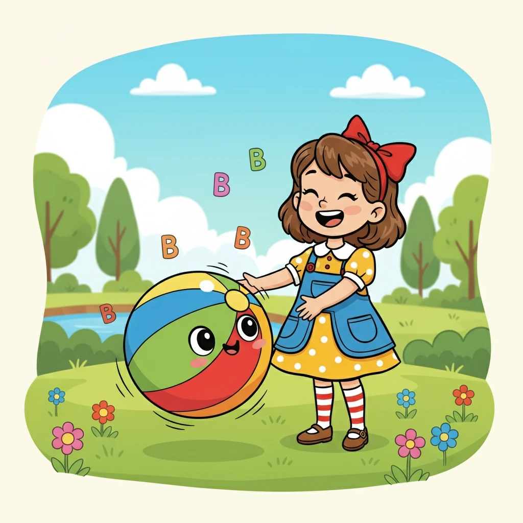 Em seguida, surgiu o 'B', uma bola colorida que pulava e quicava por todos os lados, representando a palavra 'bola'. Lili e a bola brincaram juntas, aprendendo sobre a letra 'B' com muita diversão. A bola convida Lili a aprender com ela.
