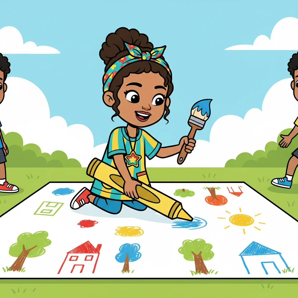 Un día, decidieron hacer un dibujo gigante entre todos. Cada niño aportó su talento, creando una obra de arte única. ¡Trabajo en equipo!