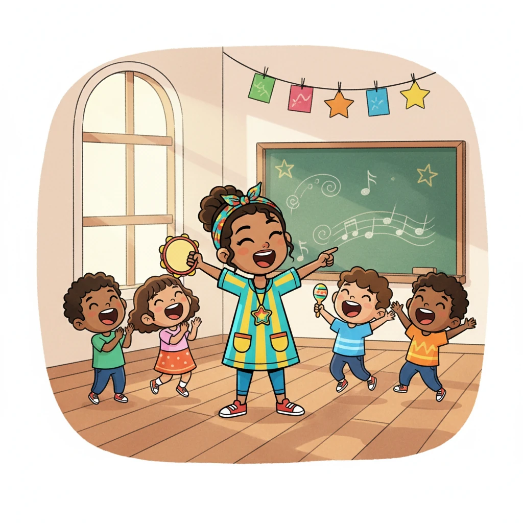 Silvia les enseñó nuevas canciones y juegos, llenando la clase de alegría y ritmo. Los niños cantaban a pleno pulmón, disfrutando cada momento. ¡Qué divertido!