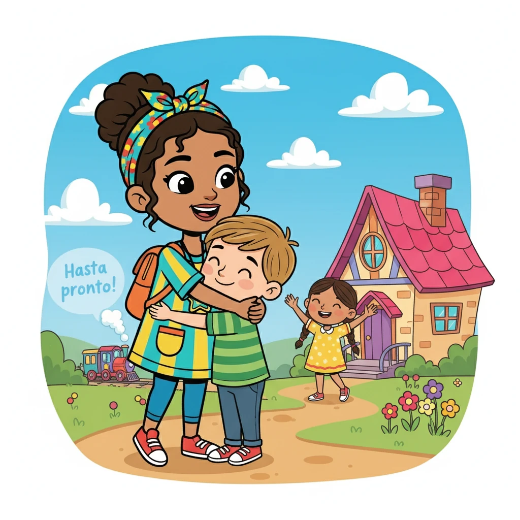 Al final de la semana, Silvia se despidió con un abrazo, prometiendo volver. Los niños la despidieron con cariño, agradecidos por los días llenos de magia. ¡Hasta pronto!
