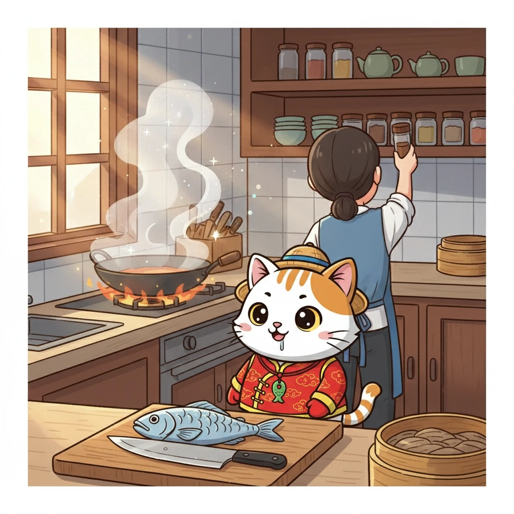 咪咪走到厨房，闻到一股香喷喷的味道。原来是主人买了新鲜的鱼回来，准备做晚饭。咪咪的口水都快流下来了，它好想吃鱼呀。