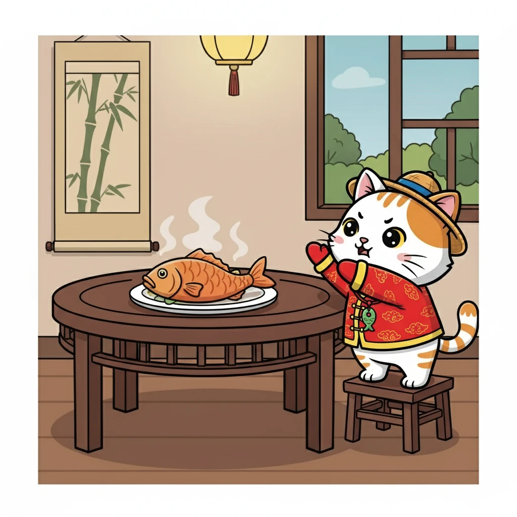 咪咪把小板凳推到桌子旁边，然后小心翼翼地爬上去。它站在板凳上，离鱼更近了。可是，鱼还是够不着。