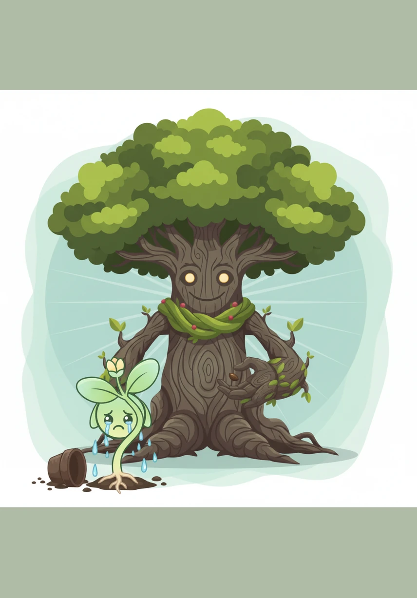 Beside him stood Barnaby, a massive oak tree with gnarled bark and a crown that seemed to touch the stars. Sprouty sighed, feeling like a tiny green speck compared to the giant's magnificent and protective shadow.