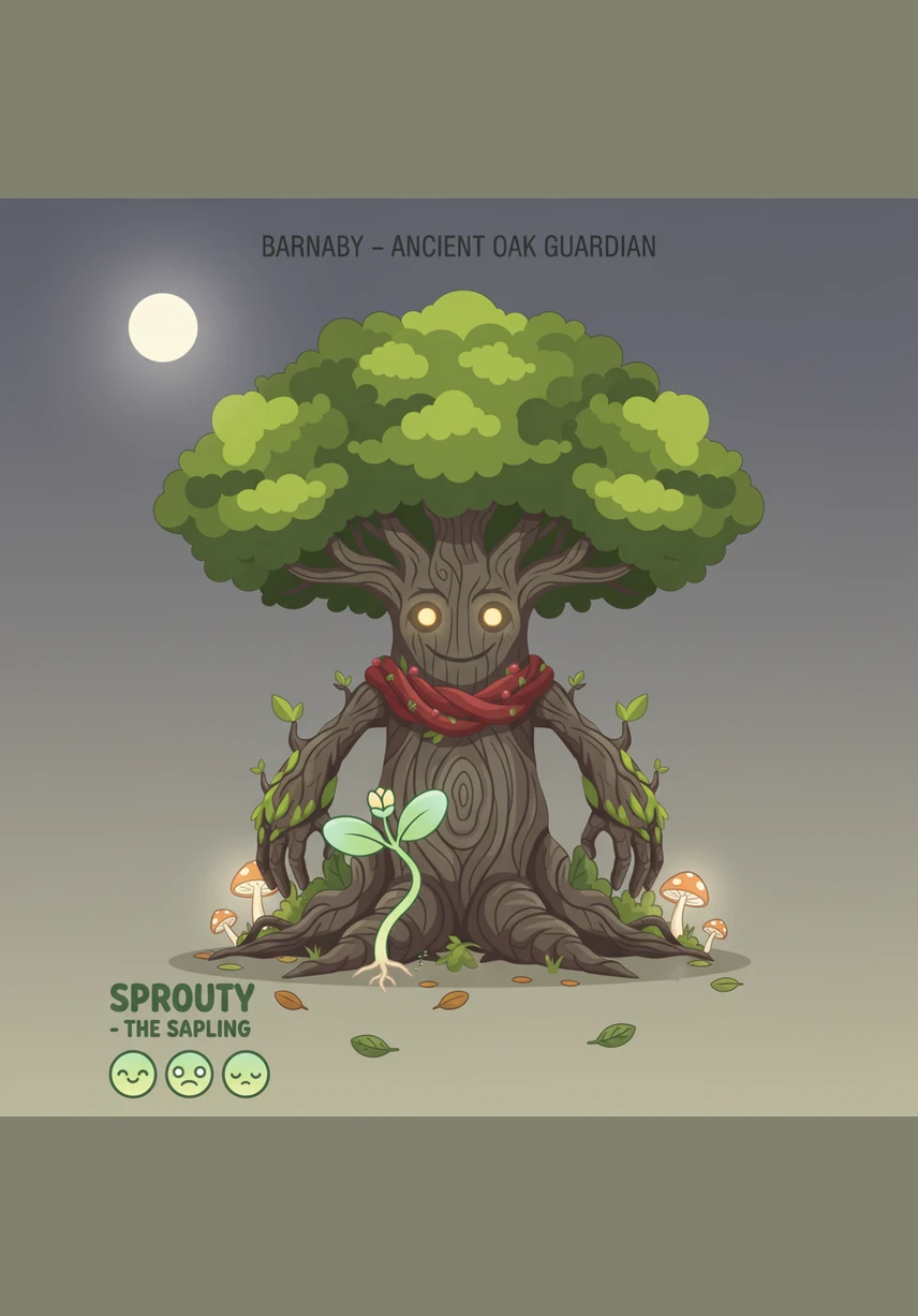 One afternoon, dark clouds gathered and a heavy rain began to pour, shaking the meadow with loud rumbles of thunder. Barnaby spread his wide, leafy canopy like a giant umbrella, keeping the little sapling safe and dry through the storm.