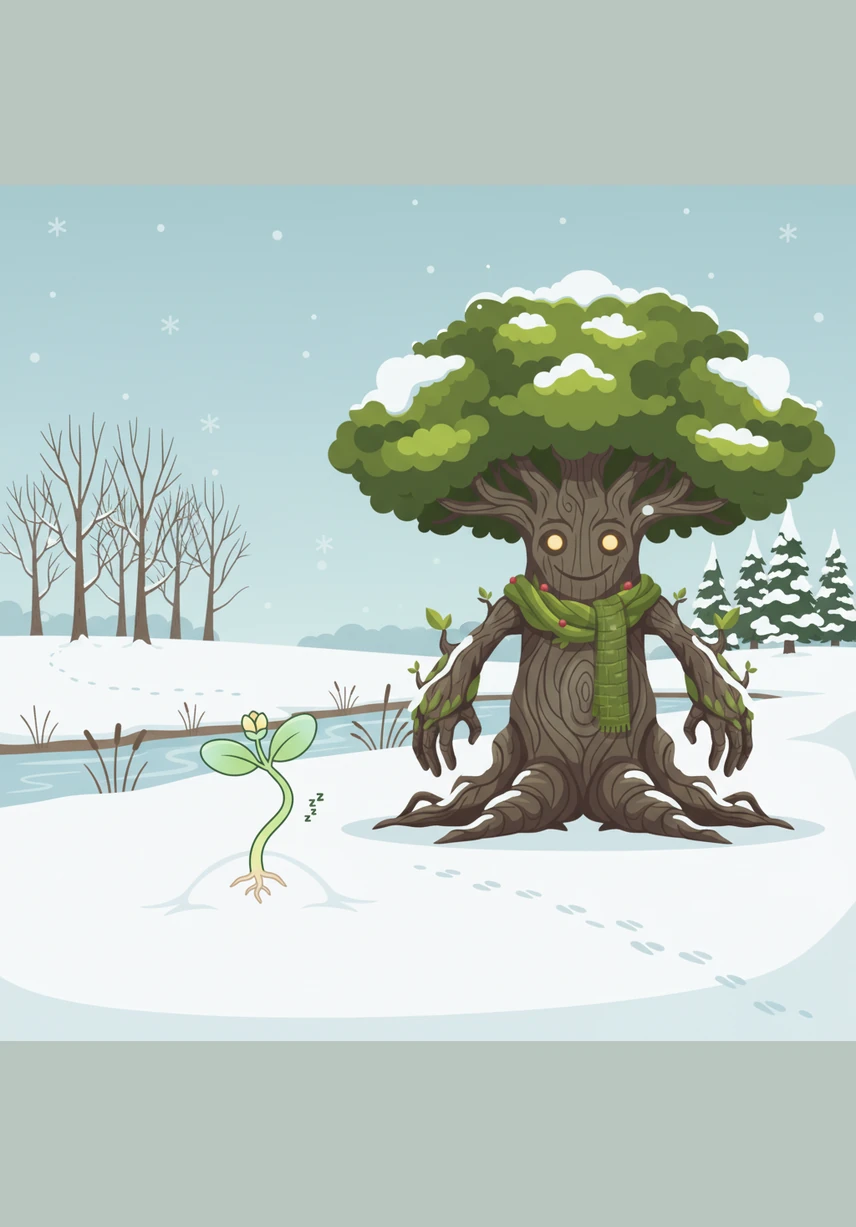 When winter's white blanket covered the meadow, Sprouty learned the beauty of stillness and the peace of a long sleep. Under the snow, he felt his roots slowly inching deeper, preparing for the wonders of the coming year.