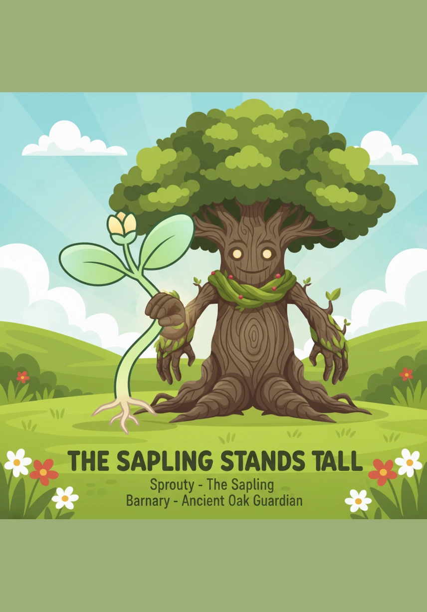 When the first buds of spring appeared, Sprouty felt stronger and steadier than ever before. He wasn't a giant yet, but he stood tall with a happy heart, knowing that growing up was a beautiful journey rather than a race.