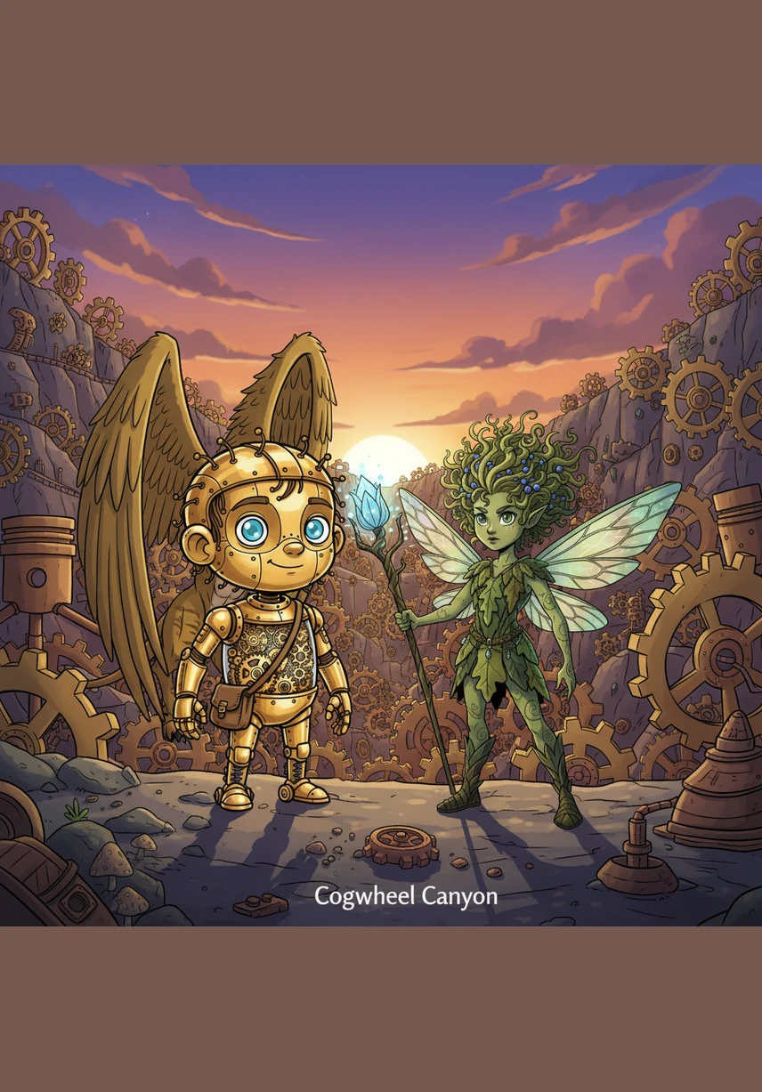 At the edge of the Cogwheel Canyon, Elara encountered Pip, a small boy made of polished brass and ticking gears. Pip was trying to repair a fractured light-crystal with his tiny copper tools, his eyes whirring with concentration. They realized their goals were the same and decided to travel together toward the Great Peak to save their home.