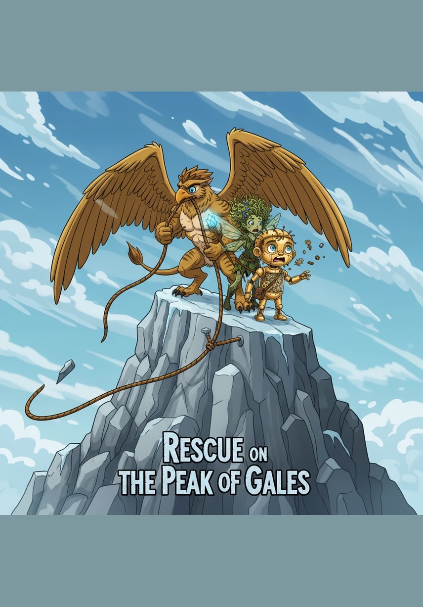 High atop the Peak of Gales, they found Zephyr, a young griffin with golden feathers tangled in a web of stray clouds. Elara used her magic to soften the winds while Pip untangled the knots with his mechanical precision. Grateful for his freedom, Zephyr offered to carry them across the vast sky on his broad, powerful wings.