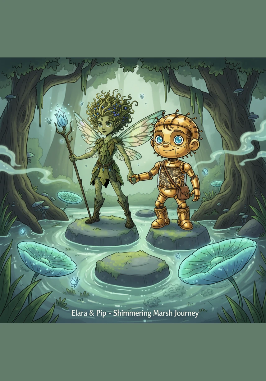 Their path led them through the Shimmering Marshes, where the ground shifted like liquid glass under their feet. Pip calculated the safest path through the singing reeds while Elara used her staff to light the way through the thick fog. They learned that by trusting each other's unique strengths, no obstacle was too great to overcome.