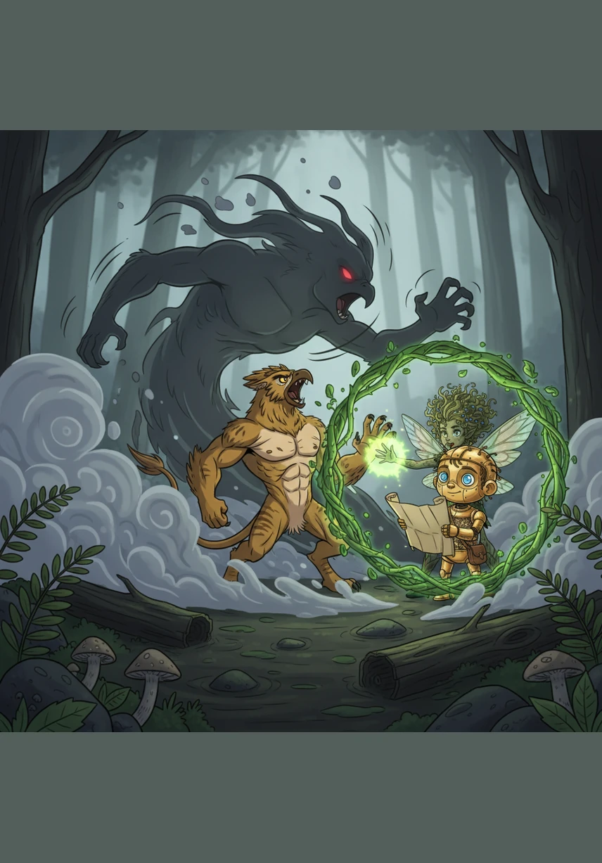 Suddenly, a swirling shadow of doubt emerged from the mists, threatening to steal their map and their hope. Zephyr stood tall, letting out a thunderous roar that shook the fog, while Elara wove a shield of protective vines around her friends. Together, they pushed the darkness back into the depths of the marsh and continued their quest.