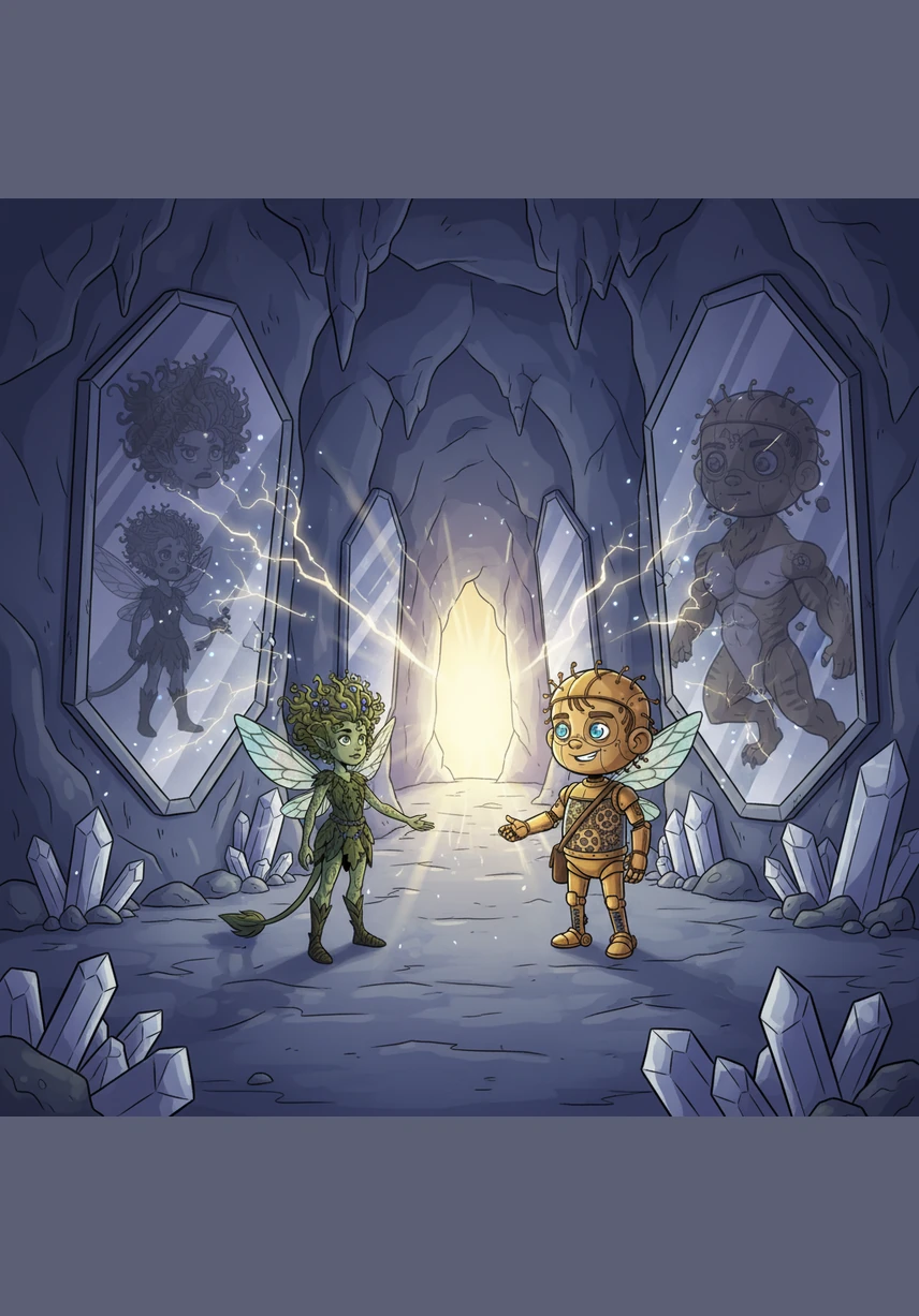 They finally reached the Crystal Caves, where the walls acted as mirrors reflecting their secret worries and fears. Elara felt small, Pip felt fragile, and Zephyr felt clumsy, but they reached out and held hands to ground one another. Their combined courage shattered the illusions, revealing the true path to the central chamber.