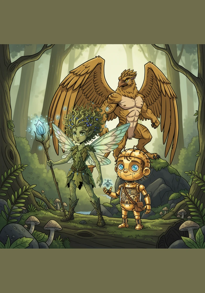 With the islands glowing brighter than ever before, Elara, Pip, and Zephyr stood on a high cliff watching the sunrise. They were no longer just a sprite, a machine, and a griffin, but a family bound by a shared legend. Their adventure had ended, but their friendship would light the way for generations to come.