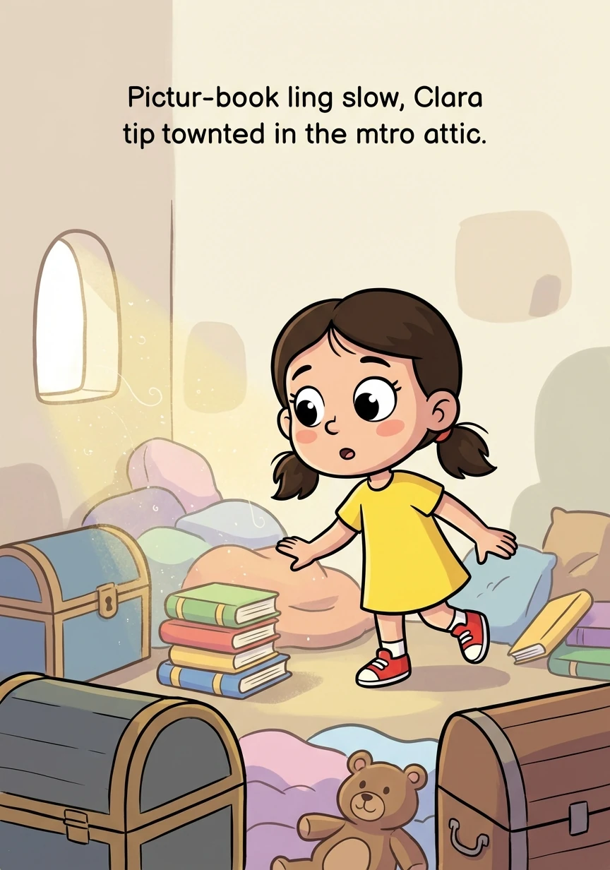 Clara, a bright-eyed girl with pigtails, tiptoed into the dusty attic. Sunbeams streamed through cracks in the boarded-up windows, illuminating swirling dust motes. Old trunks and forgotten treasures filled the space, whispering stories of yesteryear.