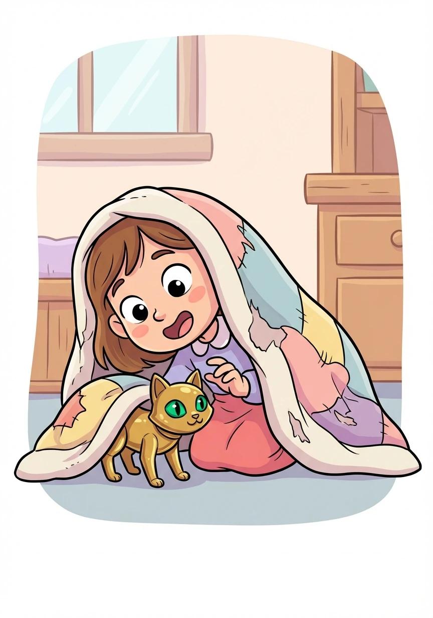 Hidden beneath a tattered quilt, Clara found a peculiar object. It was a cat, but not like any she had ever seen before. Its fur was made of polished brass, and its eyes gleamed like emeralds.