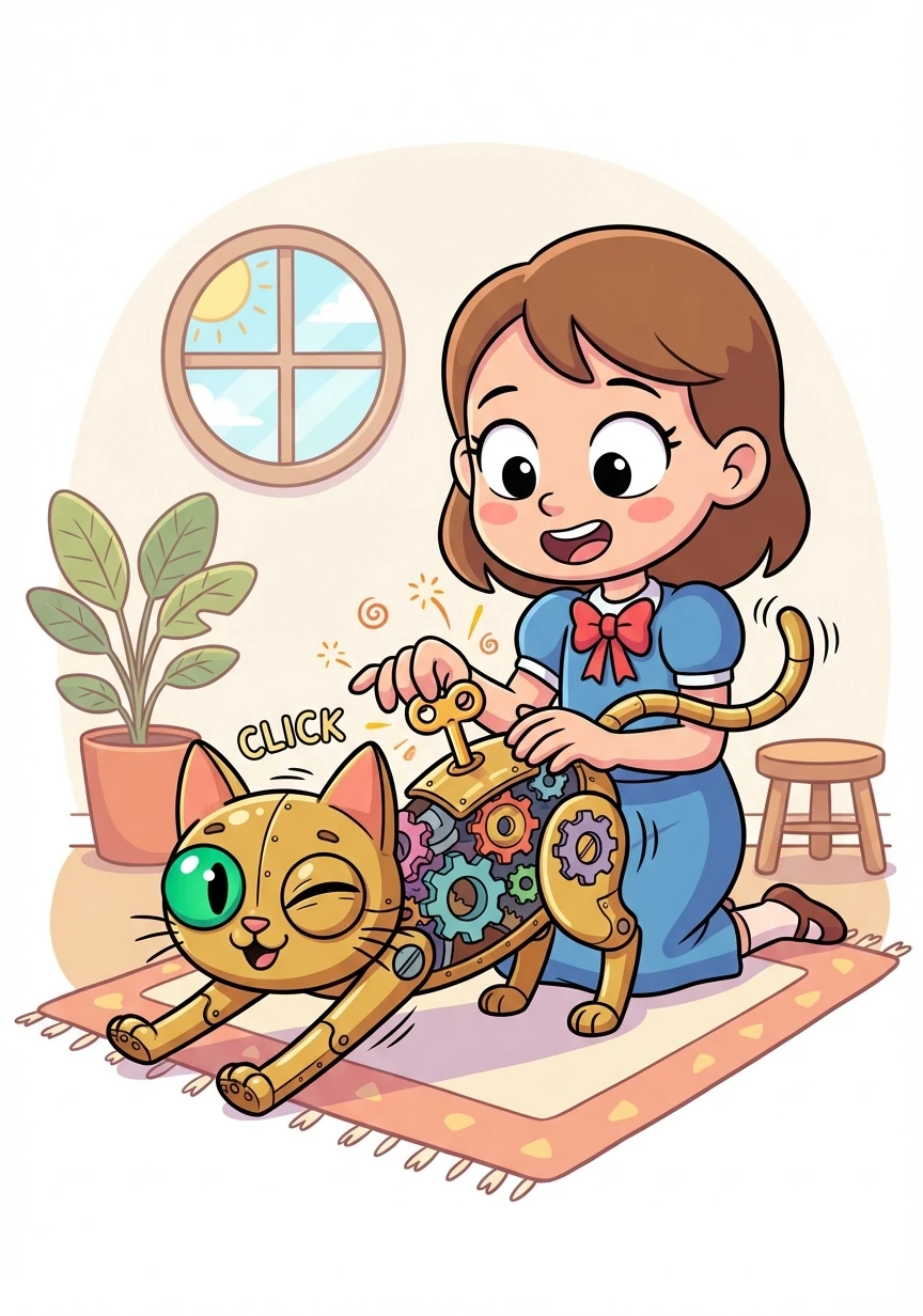 Clara carefully wound a small key in the cat's back. With a whir and a click, the clockwork cat sprang to life! It blinked its emerald eyes and stretched its brass limbs.