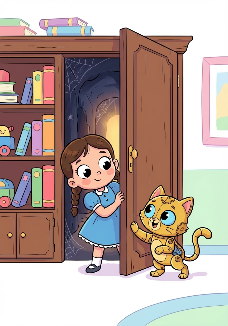 The clockwork cat, whom Clara named Cogsworth, led her to a hidden door behind a bookshelf. The door creaked open, revealing a secret passage shrouded in shadows.