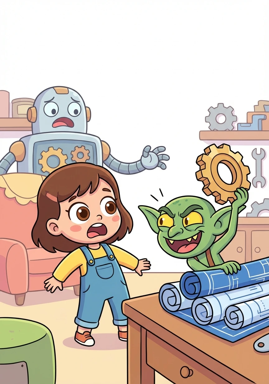 Suddenly, a mischievous gremlin popped out from behind a stack of blueprints! He cackled and snatched a vital gear from Cogsworth's mechanism.