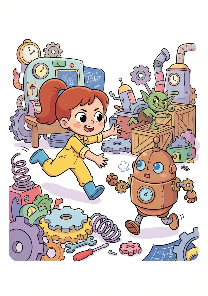 Clara, brave and quick-thinking, chased after the gremlin through the workshop. Cogsworth, though slightly slower without his gear, followed close behind.