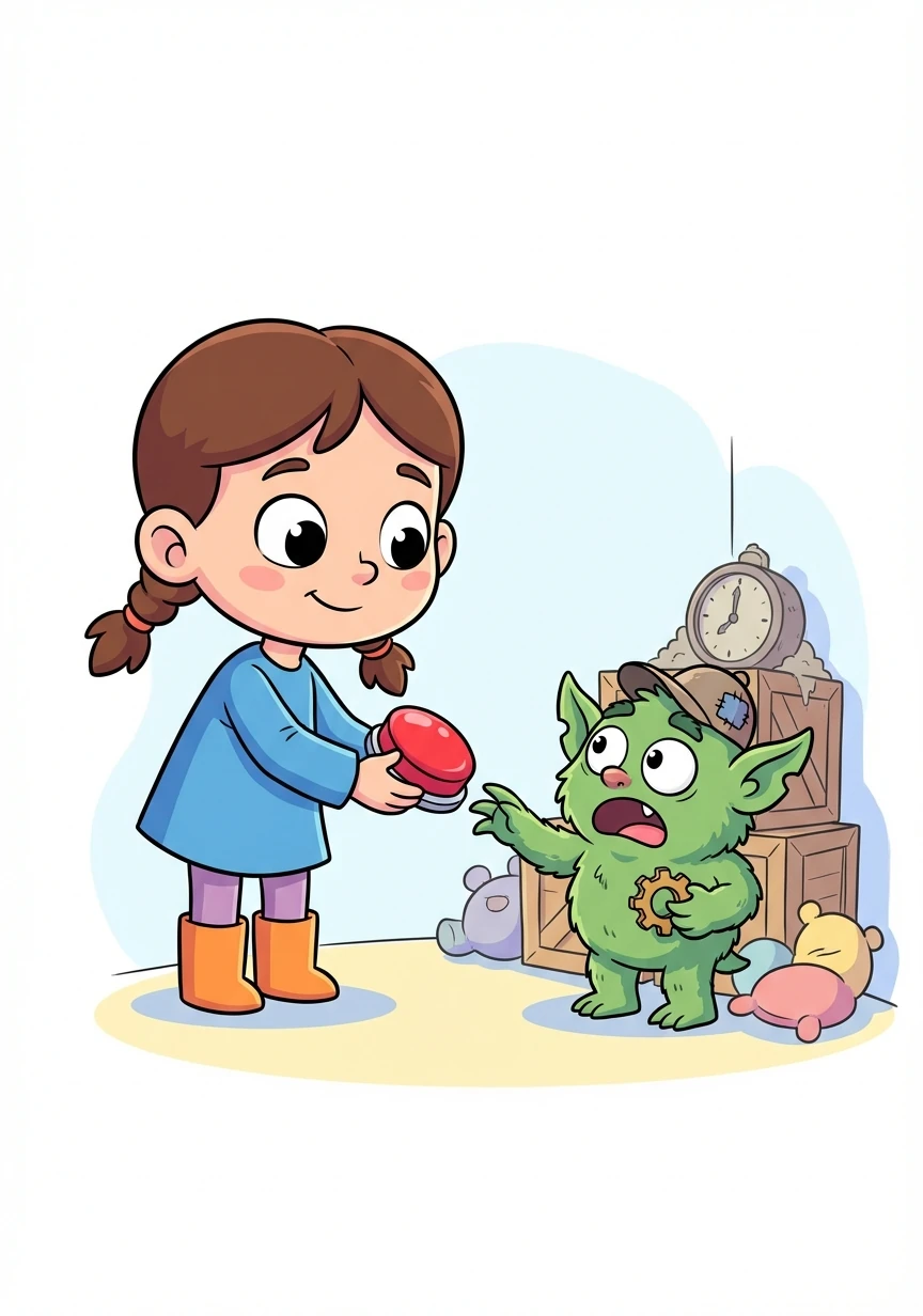 Clara cornered the gremlin and, with a gentle smile, offered him a shiny button in exchange for the gear. The gremlin, captivated by the button, readily agreed.