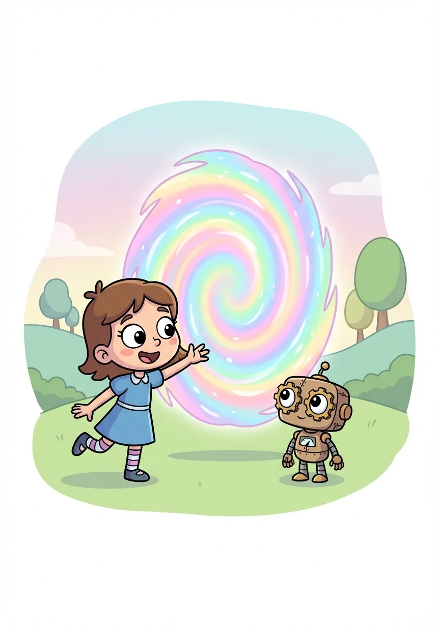 With Cogsworth repaired, they continued their exploration, discovering a magical portal shimmering with rainbow colors. The portal promised even grander adventures.