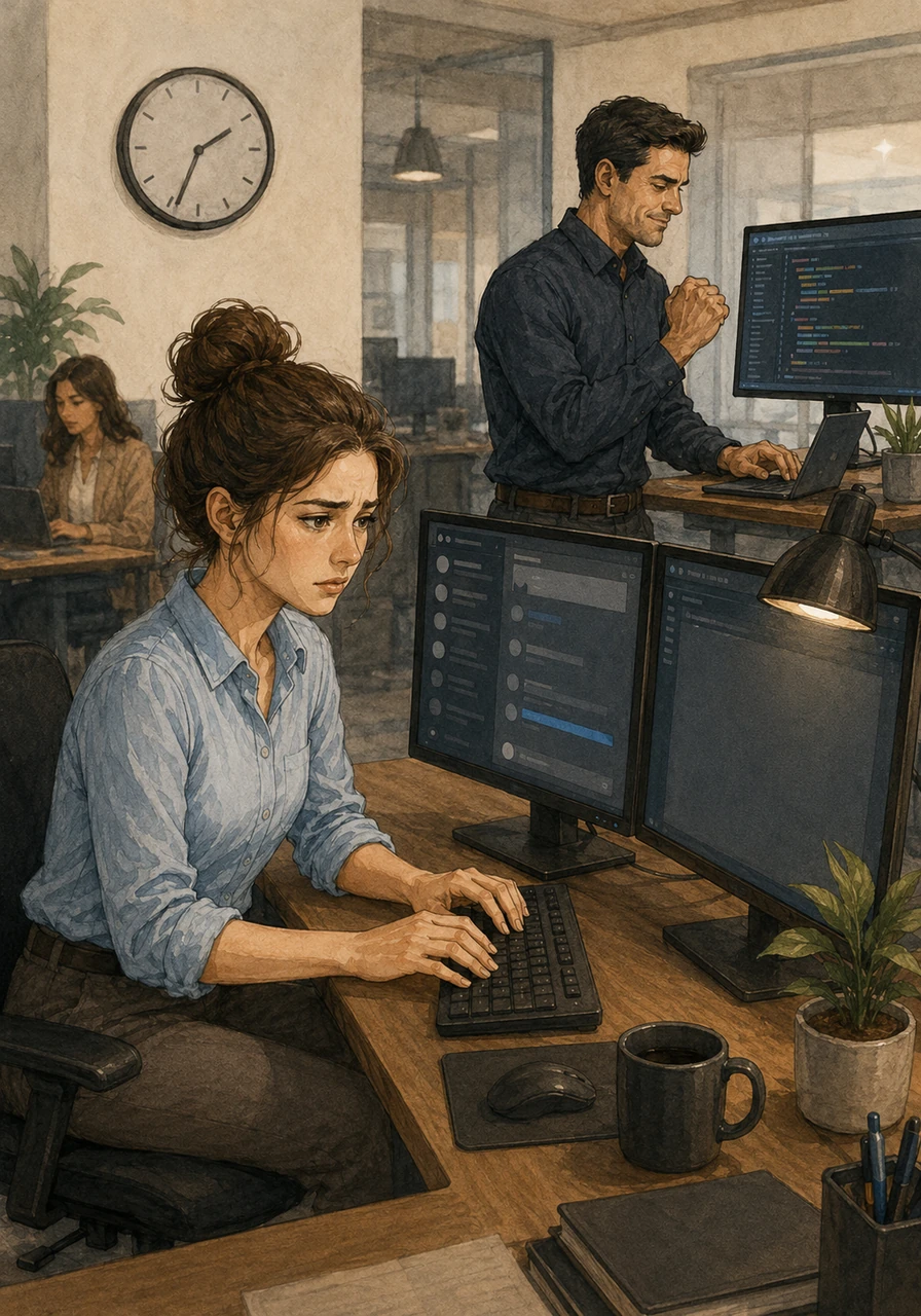 Seated at her dual-monitor desk surrounded by the quiet hum of the office, Laura types an urgent question into the team's internal chat channel. Hours tick by on the wall clock behind her, but her screen remains entirely silent, showing no replies from her teammates. Nearby, a colleague blissfully commits new code to the repository, completely unaware that his work is about to clash with hers.