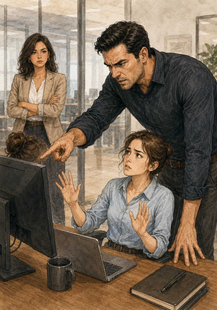 Carlos stands over Laura's desk during a tense code review, pointing aggressively at her screen with a deeply frustrated expression. Laura looks up at him with a mix of exhaustion and defense, holding up her hands to explain that no architecture was ever documented. The heavy air between them highlights the painful gap between his unspoken expectations and reality.